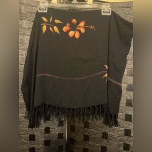 Hibiscus Collection Black Scarf Wrap Skirt Floral Accents w Fringe 48x62 Tropic